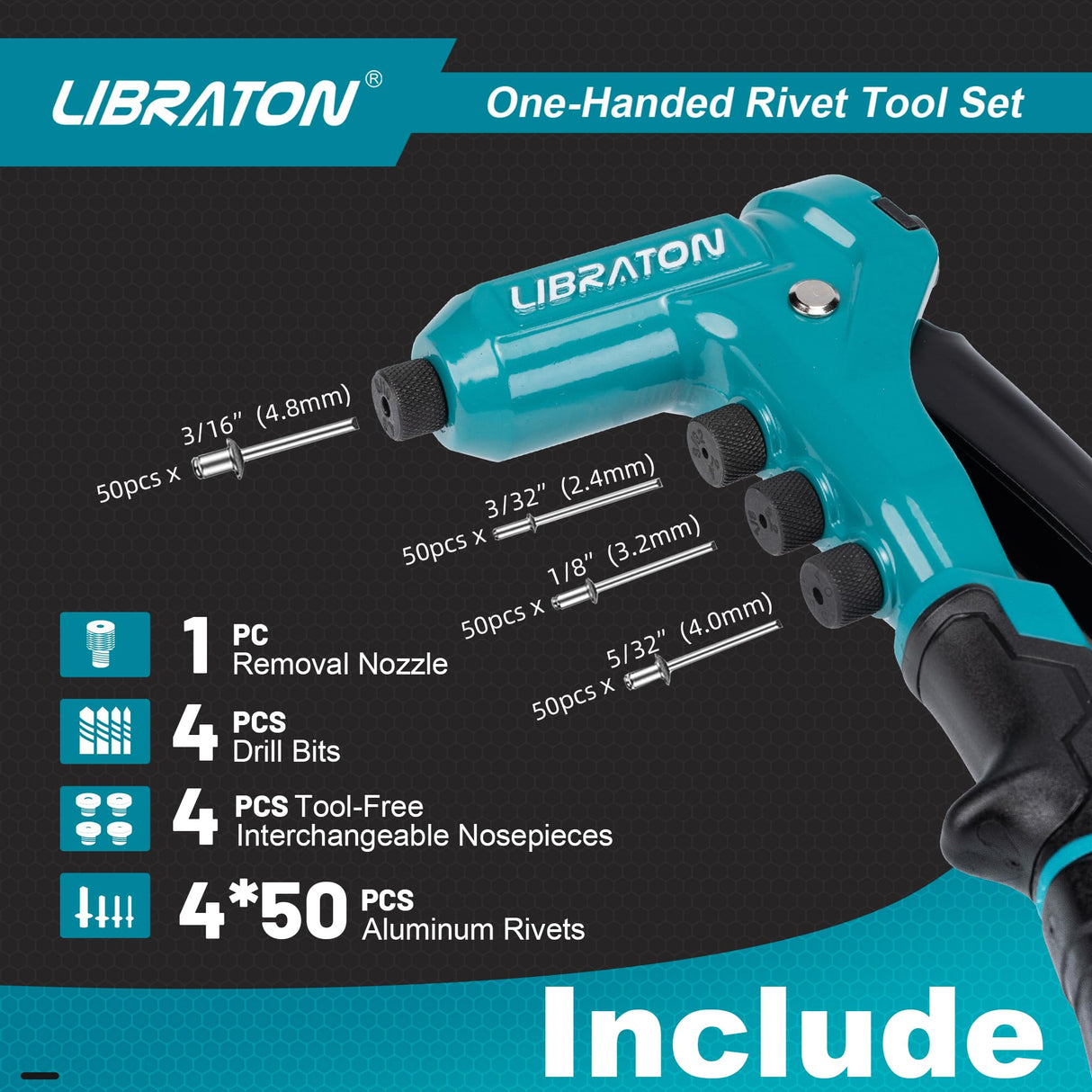 Libraton One-Handed Rivet Gun, Pop Rivet Gun Set, Professional Hand Riveter, Manual Riveting Tool with 200 Rivets for Metal, Includes 4 Drill Bits, 4 LIBRATON