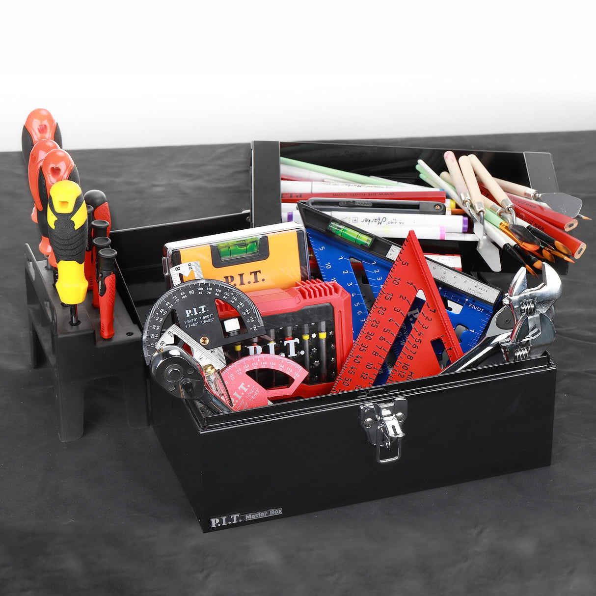P.I.T. Portable 12” Heavy Duty Steel Tool Box with Metal Latch, Black Hand Carry Tool Cases for Tools Storage P.I.T.