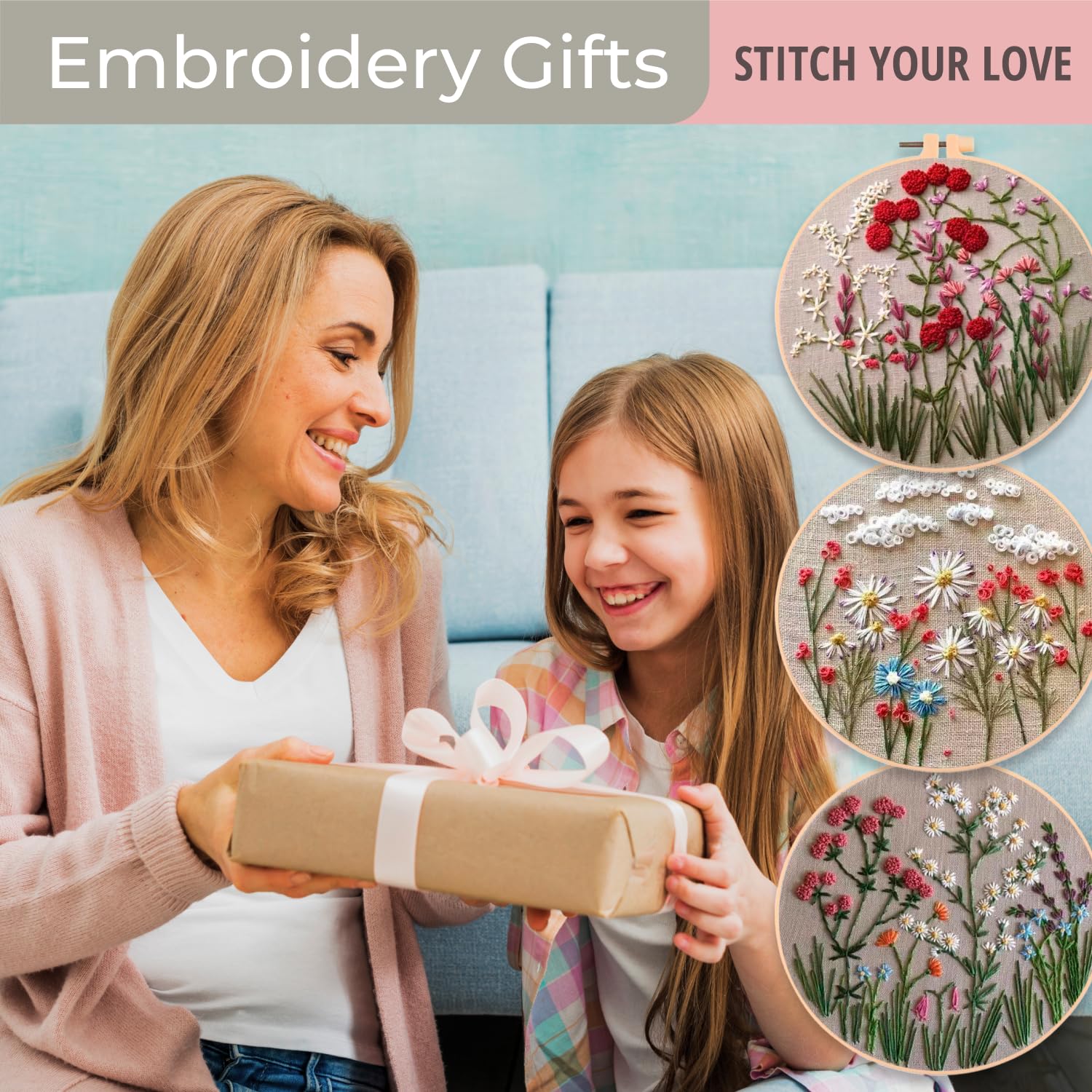 Univigo Embroidery Kit 3 Sets Embroidery Stitch Practice Kit for Handicraft Lover Cross Stitch Kits with Embroidery Cloth Hoop Color Threads Scissors Univigo