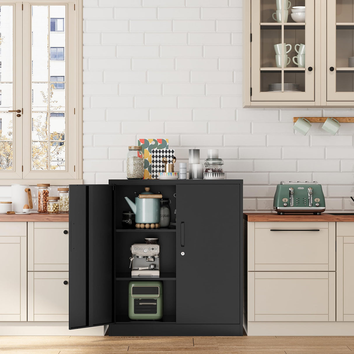 Fesbos Metal Storage Cabinet-36” Tall Steel File Cabinets with Lockable Doors and Adjustable Shelves-Black Steel Storage Cabinet for Home, School, Fesbos