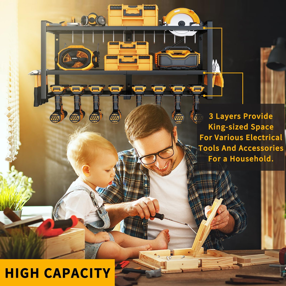 SOYEEZE Power Tool Organizer & Storage Wall Mount - Heavy Duty Metal 8 Drill Holder, 3 Layer Premium Garage Utility Power Tool Rack &Tool Shelf，Great SOYEEZE