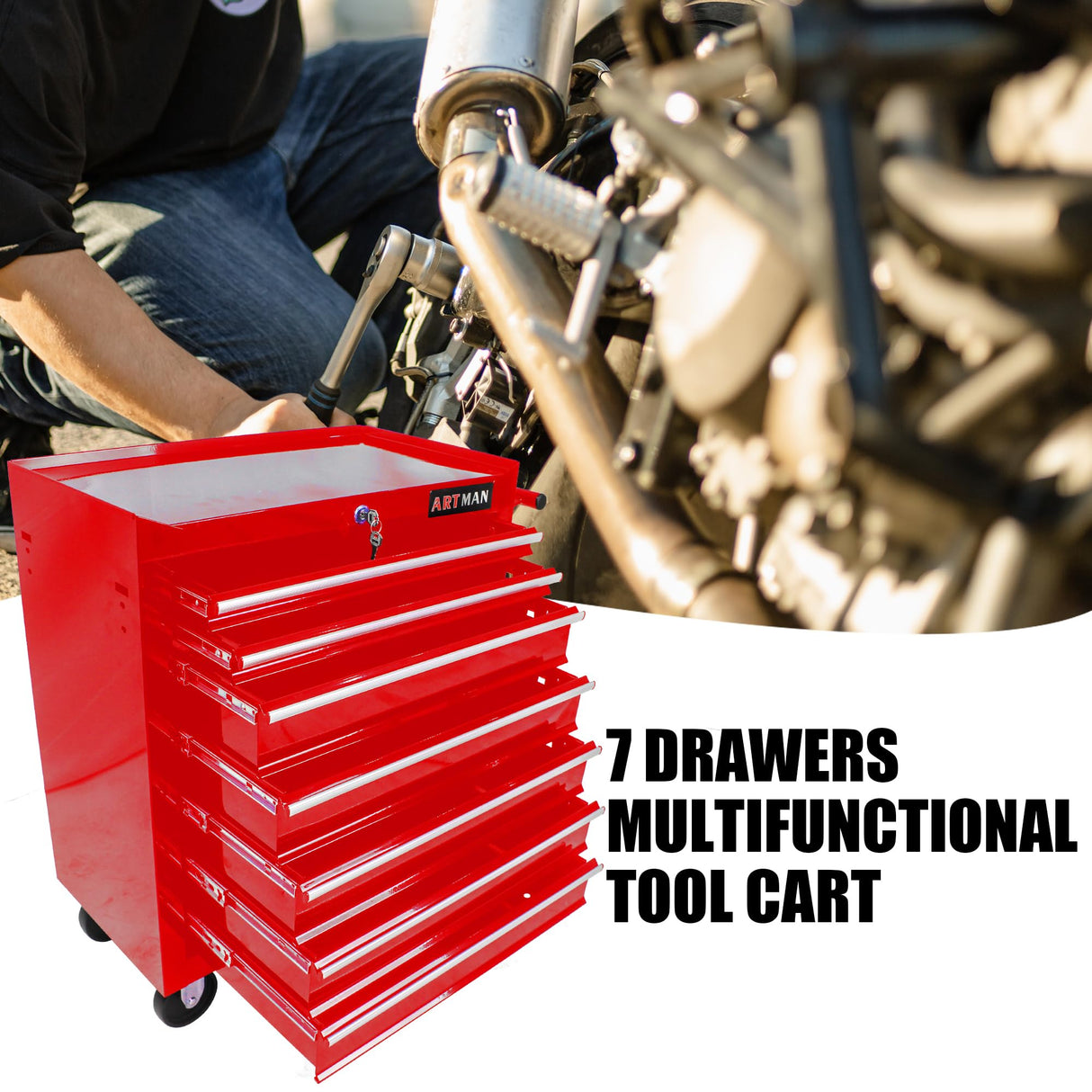 WTRAVEL Rolling Tool Chest with 7-Drawer Tool Box with Wheels Multifunctional Tool Cart Mechanic Tool Storage Cabinet for Garage, Warehouse, WTRAVEL