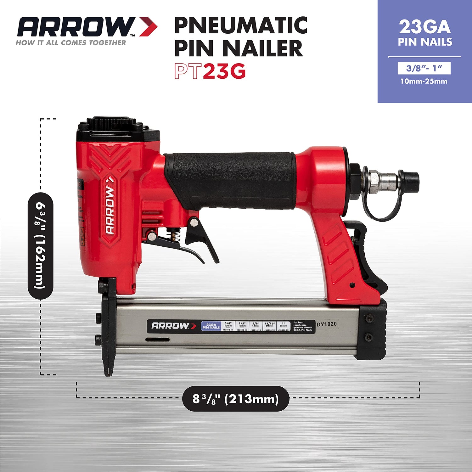 Arrow PT23G 23 Gauge Compact Pneumatic Pin Nail Gun, Oil-Free, Fits 3/8”, 1/2”, 5/8”, 13/16” and 1” Nails Arrow Fastener