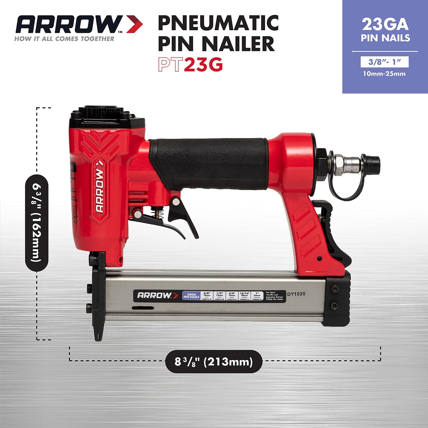 Arrow PT23G 23 Gauge Compact Pneumatic Pin Nail Gun, Oil-Free, Fits 3/8”, 1/2”, 5/8”, 13/16” and 1” Nails