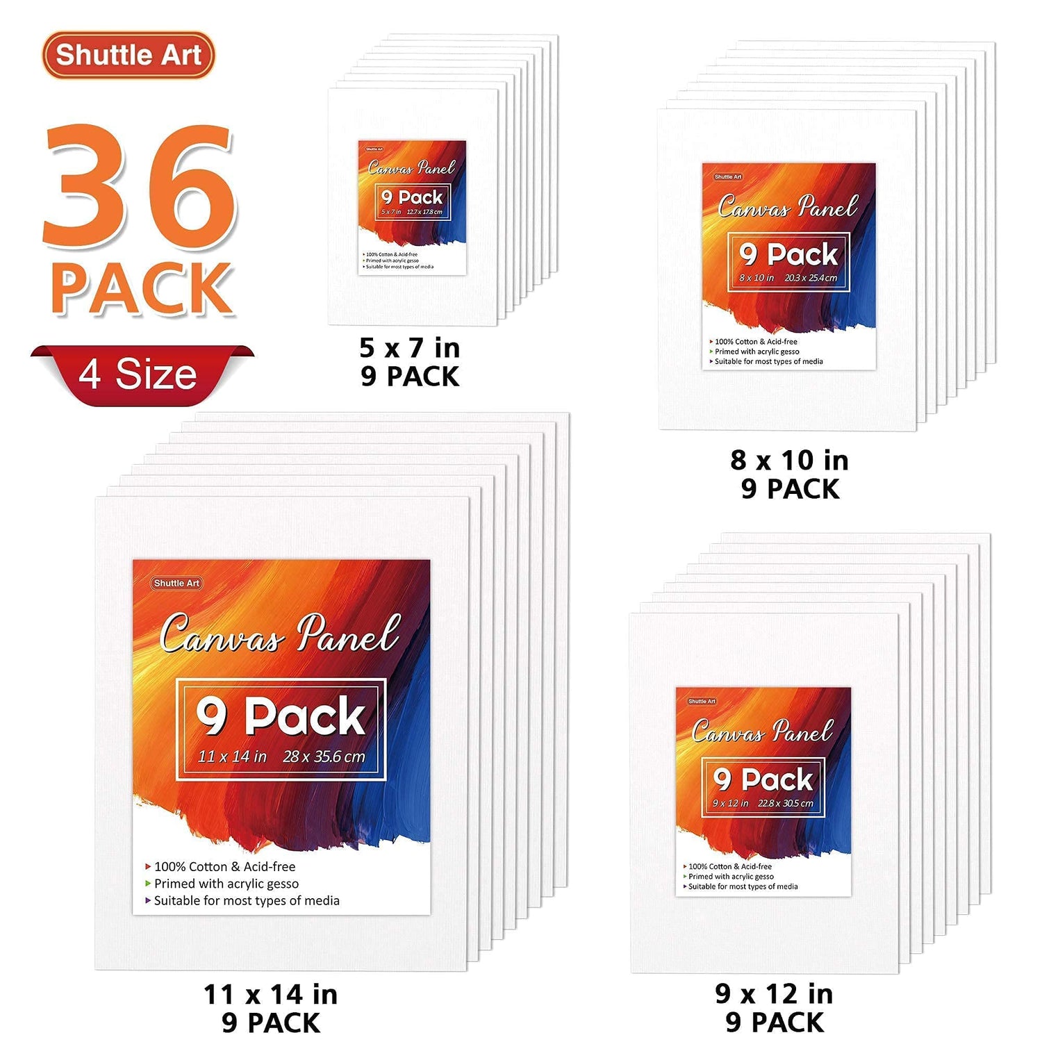 Shuttle Art Acrylic Painting Bundle, Set for 36 Colors Acrylic Paint in Bottles (60ml/2oz) + 36 Multi Pack Painting Canvas Panels Shuttle Art