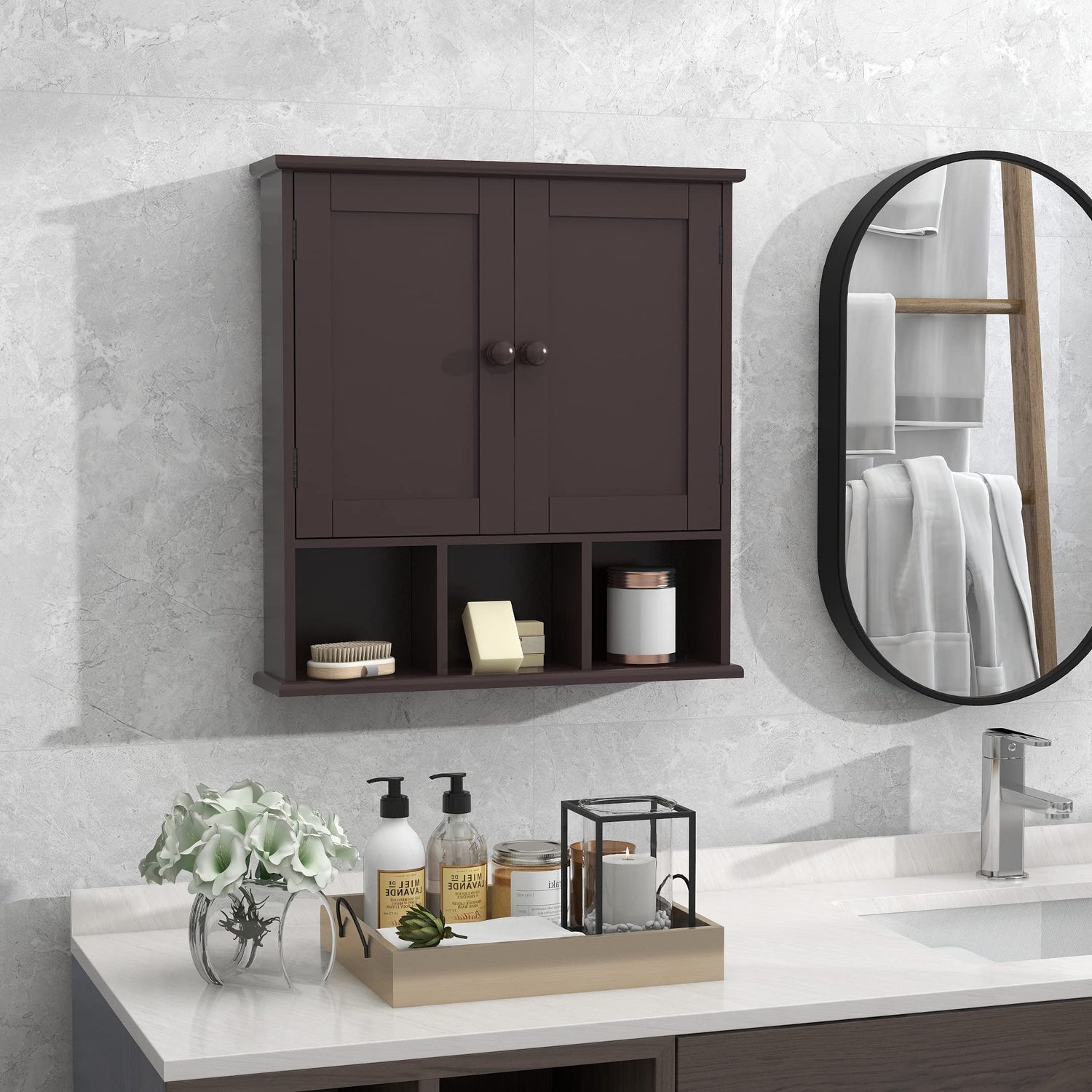 TaoHFE Medicine Cabinets,Bathroom Wall Cabinet with 2 Door Adjustable Shelves,Over The Toilet Storage Cabinet,Brown Bathroom Cabinet Wall TaoHFE
