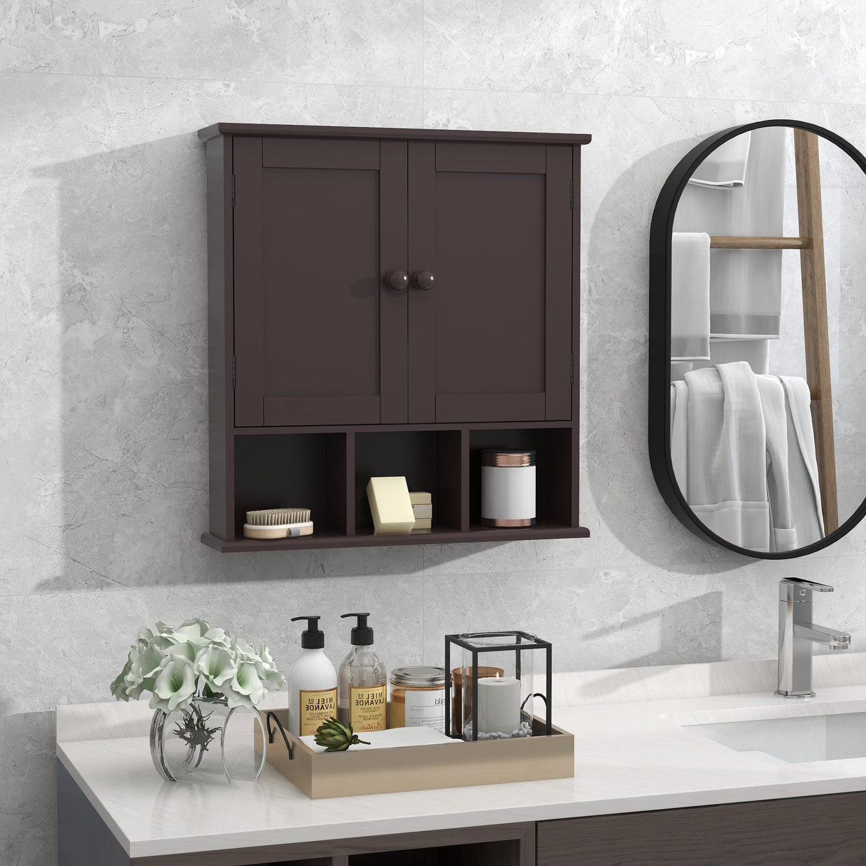TaoHFE Medicine Cabinets,Bathroom Wall Cabinet with 2 Door Adjustable Shelves,Over The Toilet Storage Cabinet,Brown Bathroom Cabinet Wall TaoHFE