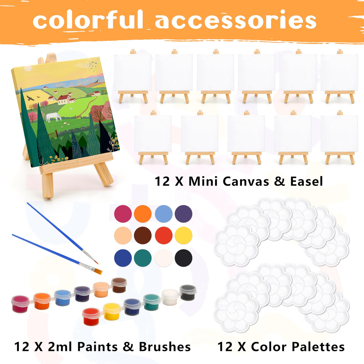 Auihiay 12 Sets Mini Canvases for Painting, Art Canvas Painting Kit with 4 x 4 Inch Mini Canvas and Stretched Easel, Acrylic Paint, Brush, Palette, Auihiay