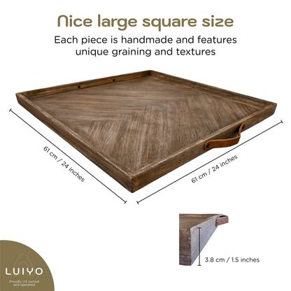 LUIYO Large Ottoman Wood Tray- with Leather Handle Decorative Wooden 24 x 24 x1.5 Inches Square Serving Tray Best for Coffee Table, Living Room and