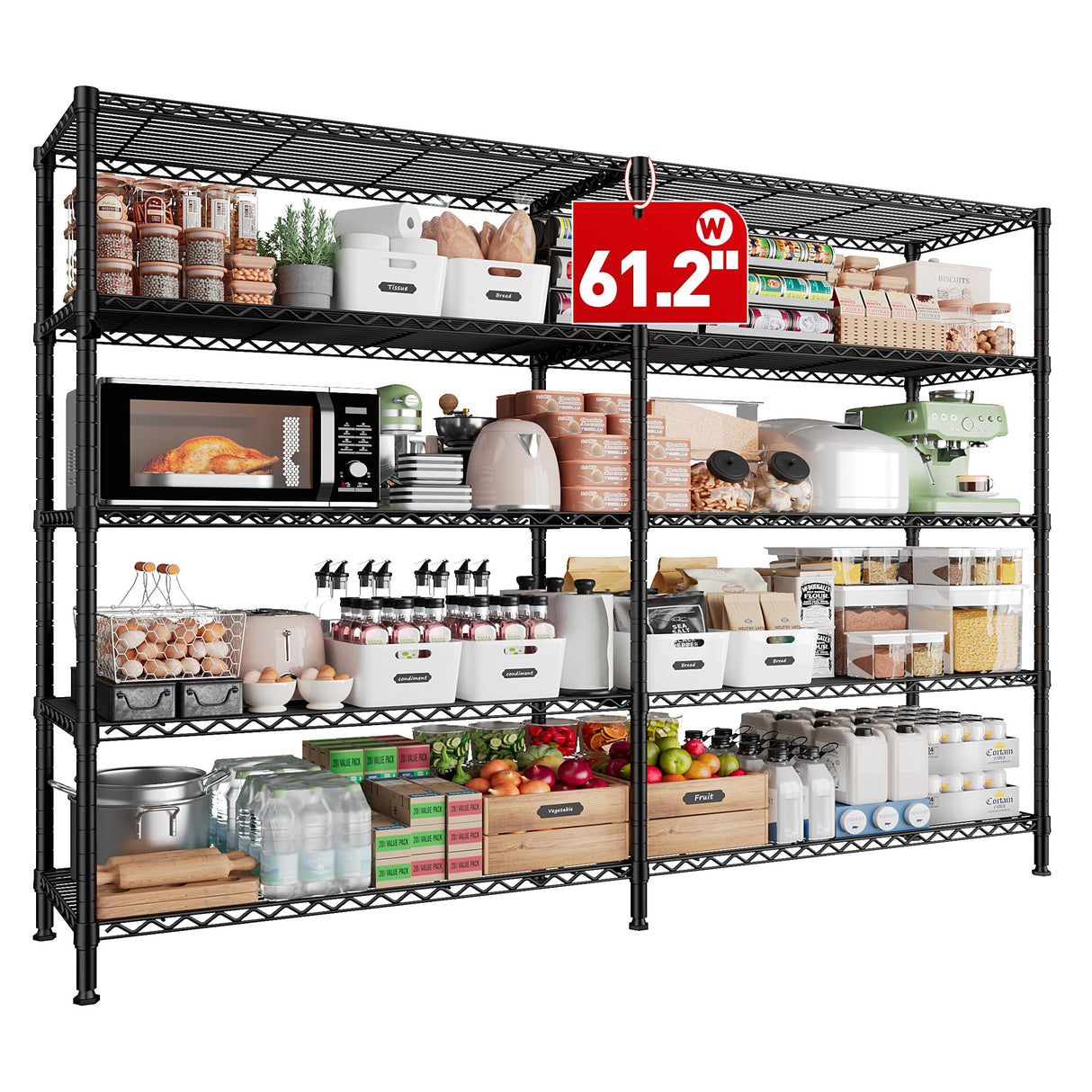 REIBII 61.2''W Storage Shelves 1500LBS Wire Shelving Unit 5 Tier Metal Shelving for Storage Rack Shelves for Storage Heavy Duty Garage Shelf Pantry REIBII