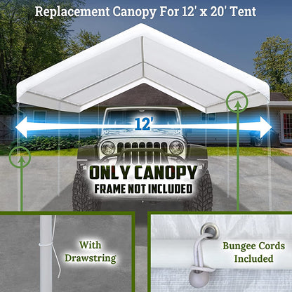 YardGrow 12x20ft Carport Canopy Replacement Cover Garage Tent Tarp Waterproof & UV Protected with Bungees, Frame Not Included (White) - WoodArtSupply