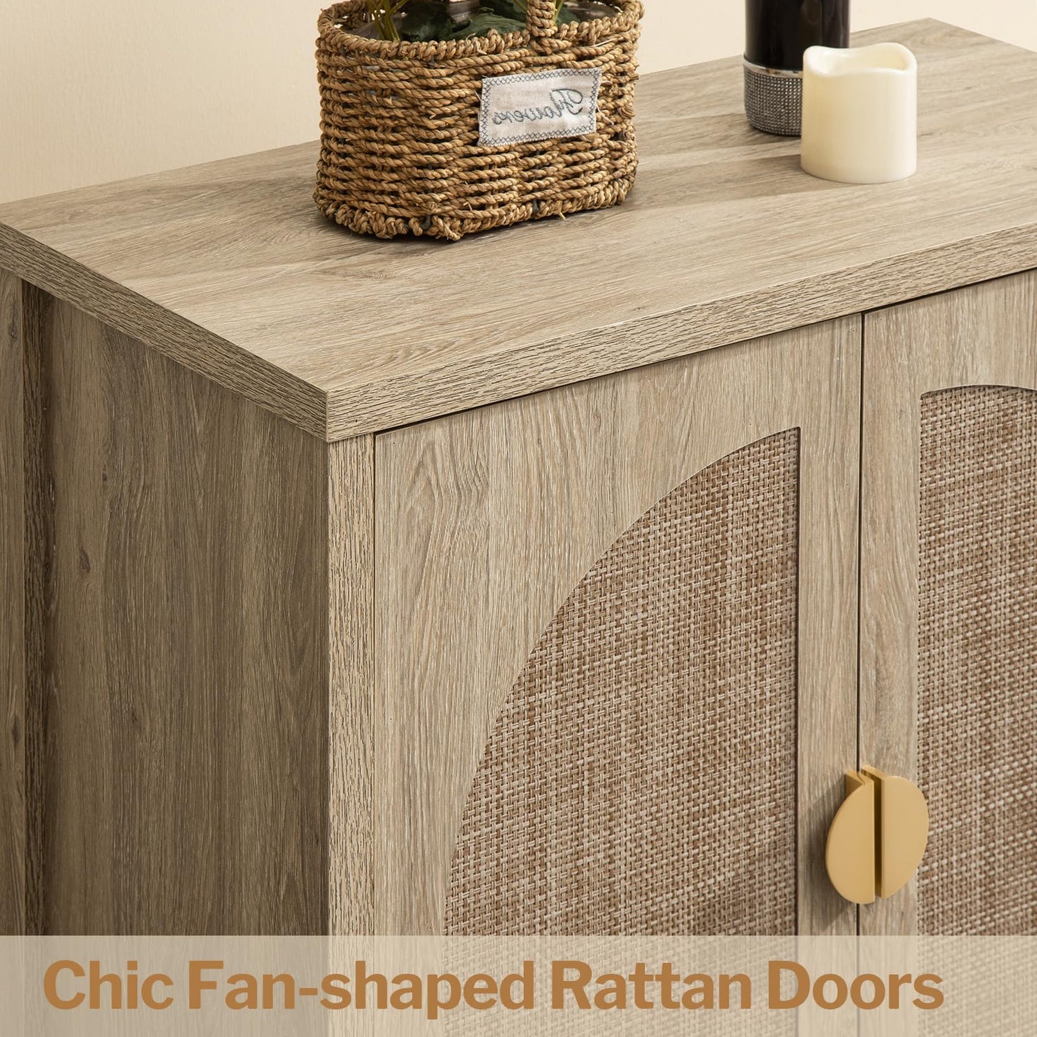 SICOTAS Accent Wood Storage Cabinet Set of 2, Rattan Sideboard Buffet Cabinet with Adjustable Shelves, Multifunctional Console Table Credenza for SICOTAS