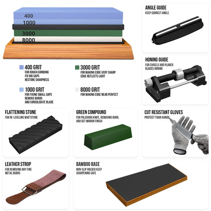 YeopAsda Knife Sharpening Stone Set - Premium 4 Side Grit 400/1000 3000/8000 Whetstone Sharpener Kit - Non-Slip Bamboo Base,Cut Resistant Gloves,