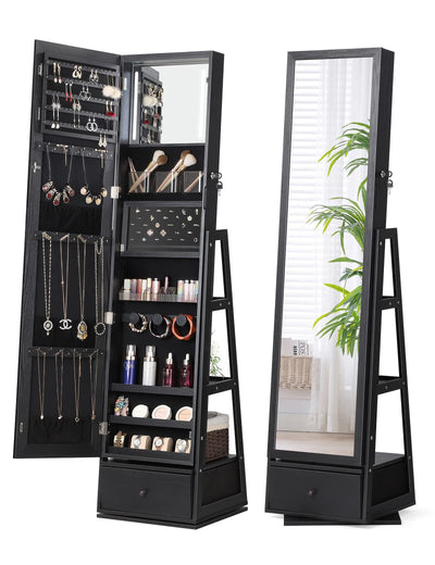 Nicetree 360° Swivel Jewelry Cabinet with Lights, Touch Screen Vanity Mirror, Rotatable Full Length Mirror with Jewelry Storage, Standing Jewelry