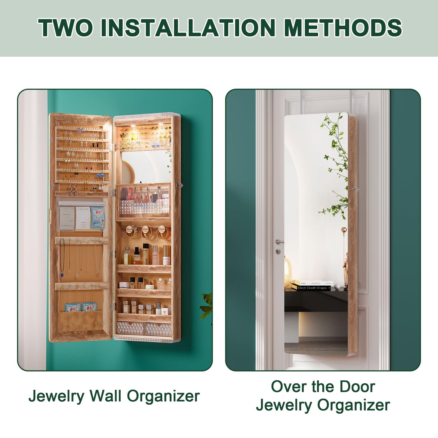 HNEBC LED Mirror Jewelry Cabinet,47.2" Wall Mounted Jewelry Organizer with Full-Length Mirror,Over The Door Hanging Jewelry Armoire Storage HNEBC