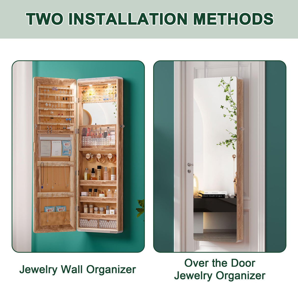 HNEBC LED Mirror Jewelry Cabinet,47.2" Wall Mounted Jewelry Organizer with Full-Length Mirror,Over The Door Hanging Jewelry Armoire Storage HNEBC