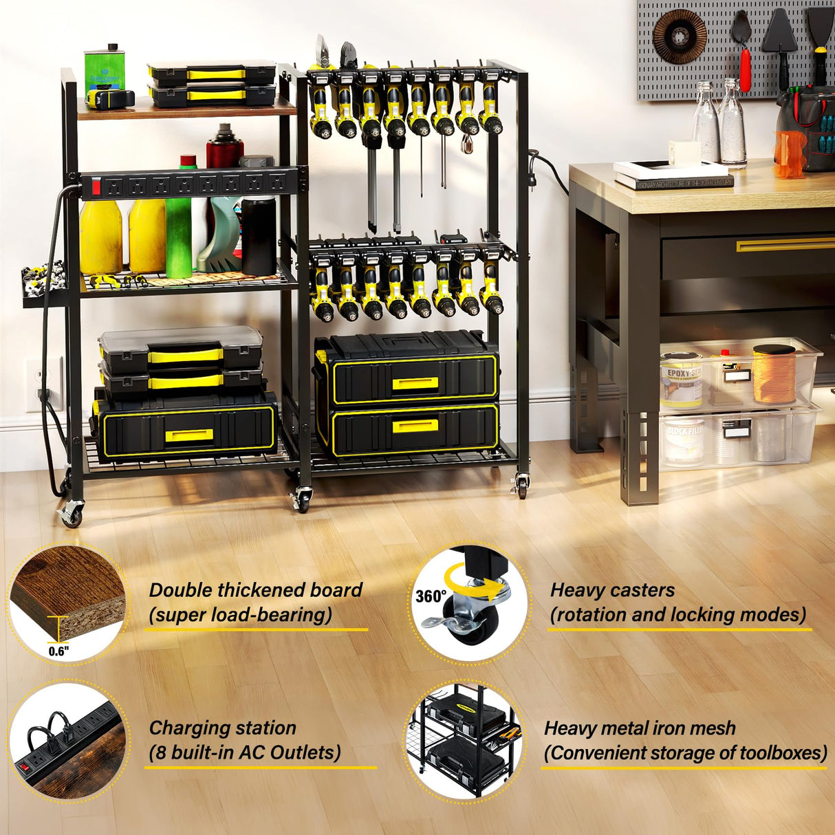 TC-HOMENY Power Tool Organizer Garage Storage with Charging Power Strip, 28 Drill Rack Tool Holder Racks Rolling Tool Cart on Wheels, Tool Shelf TC-HOMENY