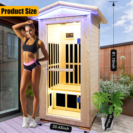 OUTEXER Outdoor Far Infrared Sauna Wooden Saunas Spa 1300W Low-EMF Dry Sauna Room for One Person Finland Spruce Wood OUTEXER
