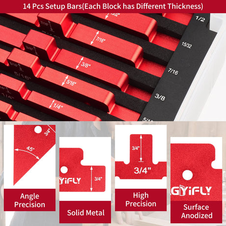 KAGYIFLY Setup Blocks Woodworking, 14pcs Aluminum Setup Blocks Height Gauge Set for Router Table Saw and Angle Measure Set up (Each Setup Bars has KAGYIFLY