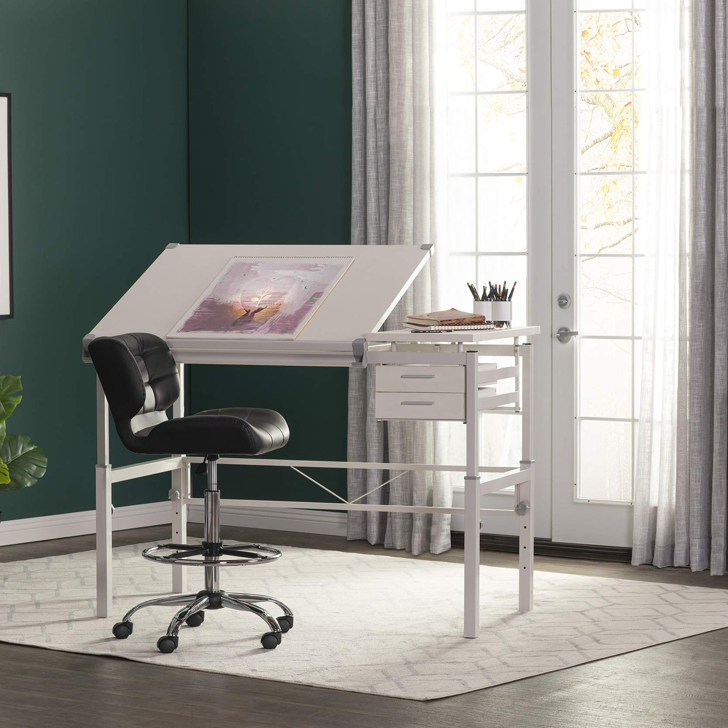 Studio Designs Graphix II Pro Line Split Top Height Adjustable Drafting, Drawing Table with 39.5" x 30" Tilting Top,White SD Studio Designs