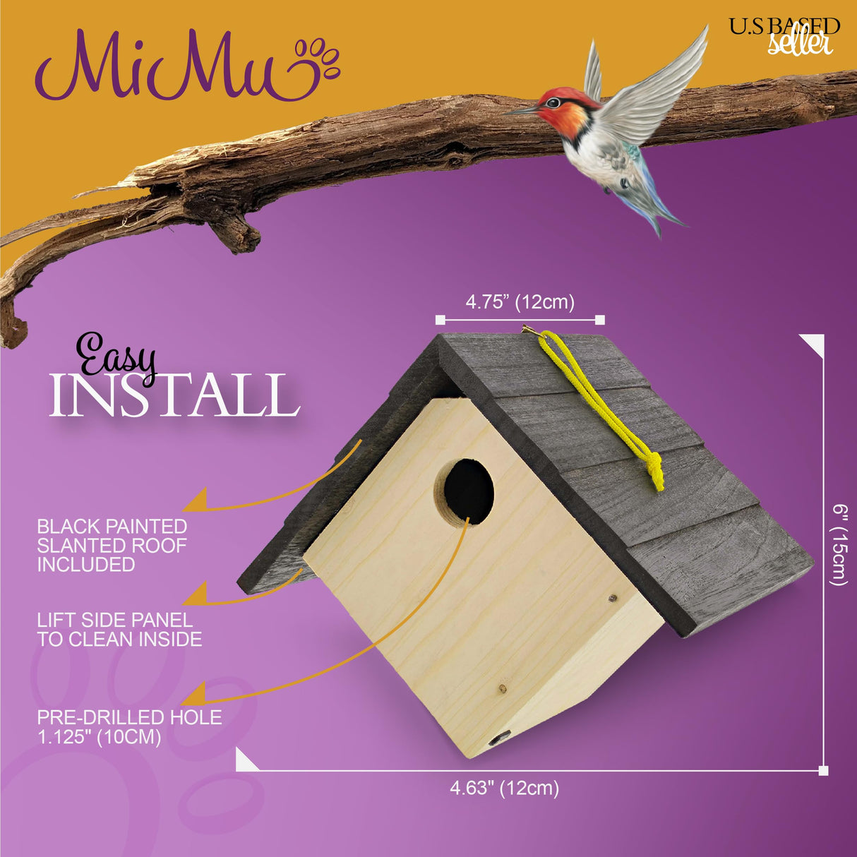 MiMu 6in Wood Birdhouse Kits for Adults - 4pk Unfinished Paintable Bird Houses for Outside Patio - Paint Your Own Hanging Diamond Birdhouse Party MiMu