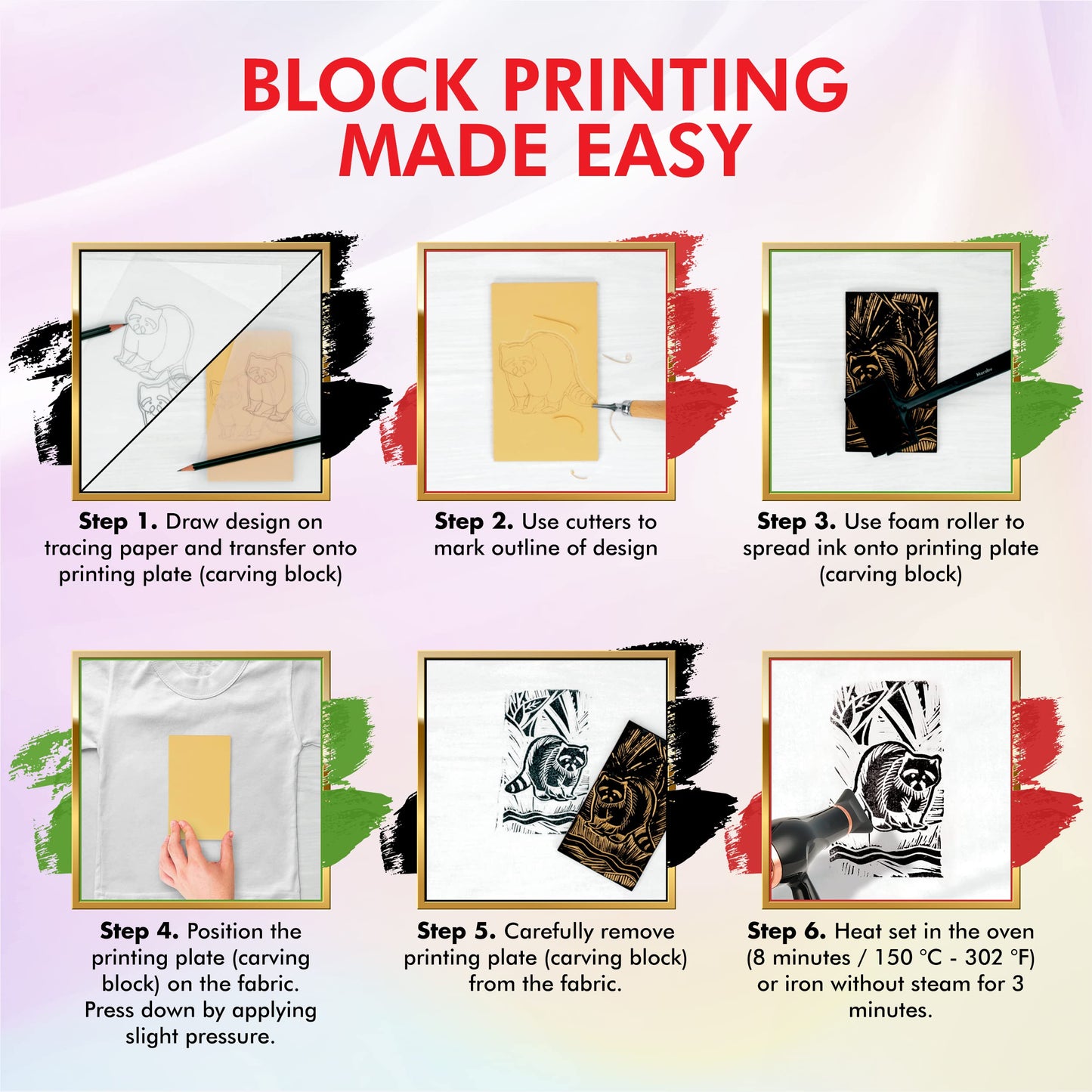 Marabu Block Printing Kit - Linocut Kit with 3 x 100ml Block Printing Ink, Cutter, Rubber Block, and Block Printing Brayer Roller - Linoleum