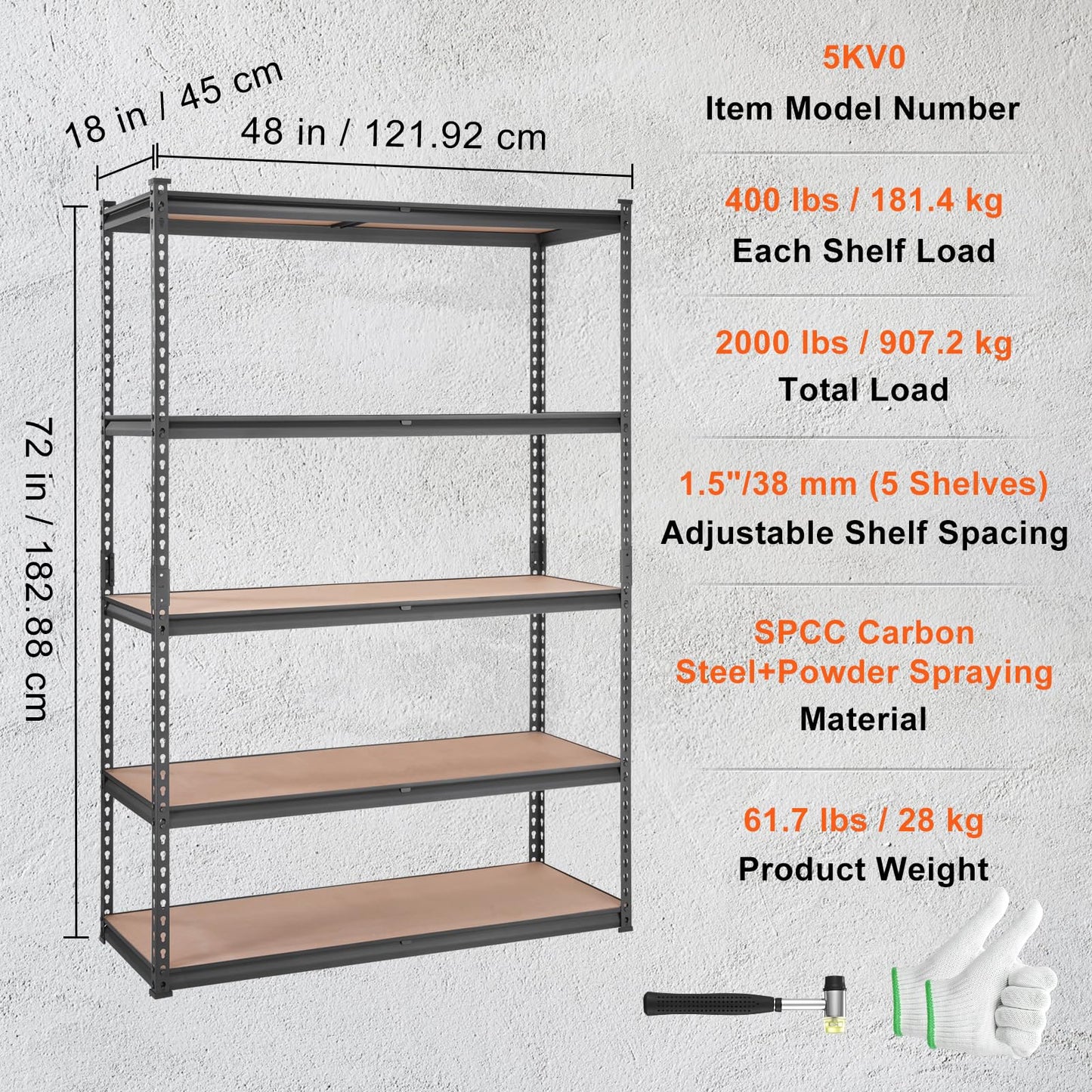 VEVOR Storage Shelving Unit, 5-Tier Adjustable, 2000 lbs Capacity, Heavy Duty Garage Shelves Metal Organizer Utility Rack, Black, 48" L x 18" W x 72"