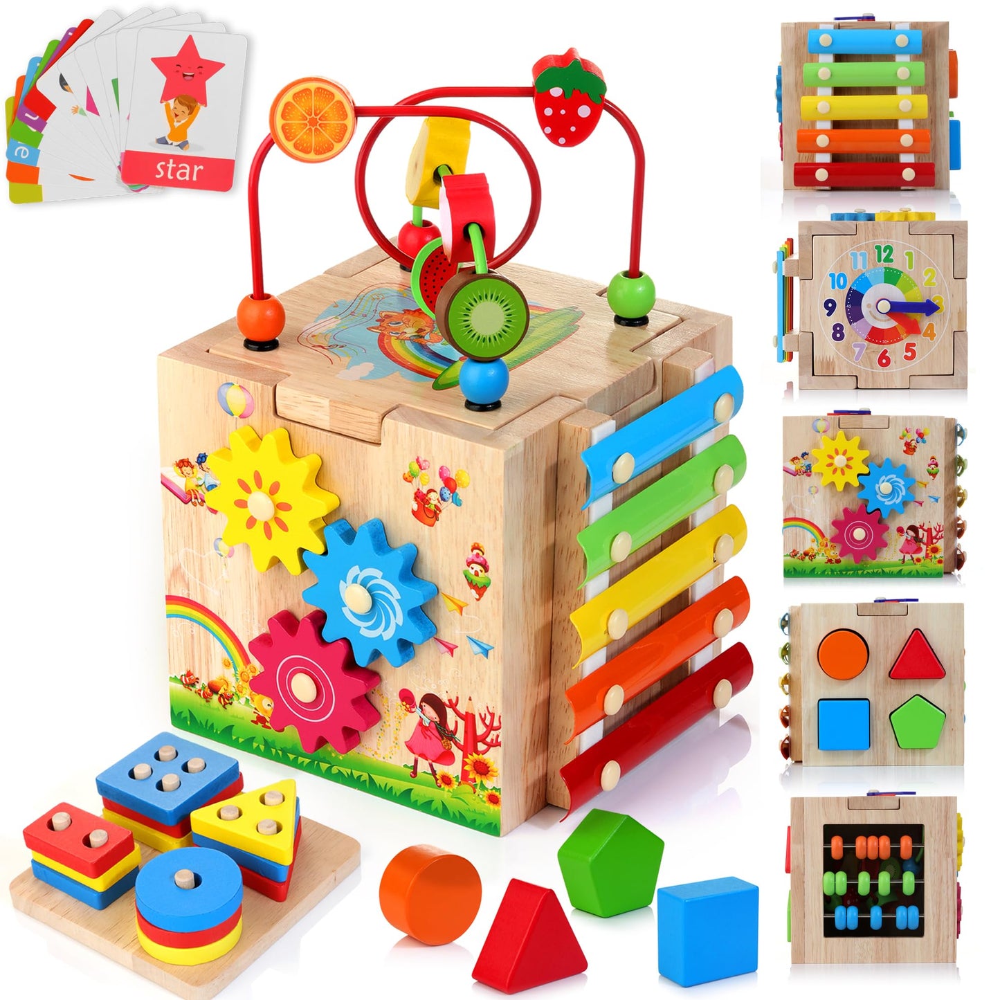 HELLOWOOD Wooden Activity Cube, 8-in-1 Montessori Toys for 1+ Year Old Boys & Girls, Educational Learning Toys for Toddlers Age 1-2, First Birthday