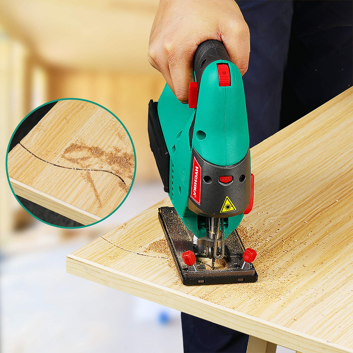 HYCHIKA Jigsaw, 6.7A Jig Saw 800-3000SPM with 6 Variable Speeds, 4 Orbital Sets, Bevel Angle 45°, 6PCS Blades, Pure Copper Motor, Laser Guide, HYCHIKA BETTER TOOLS FOR BETTER LIFE