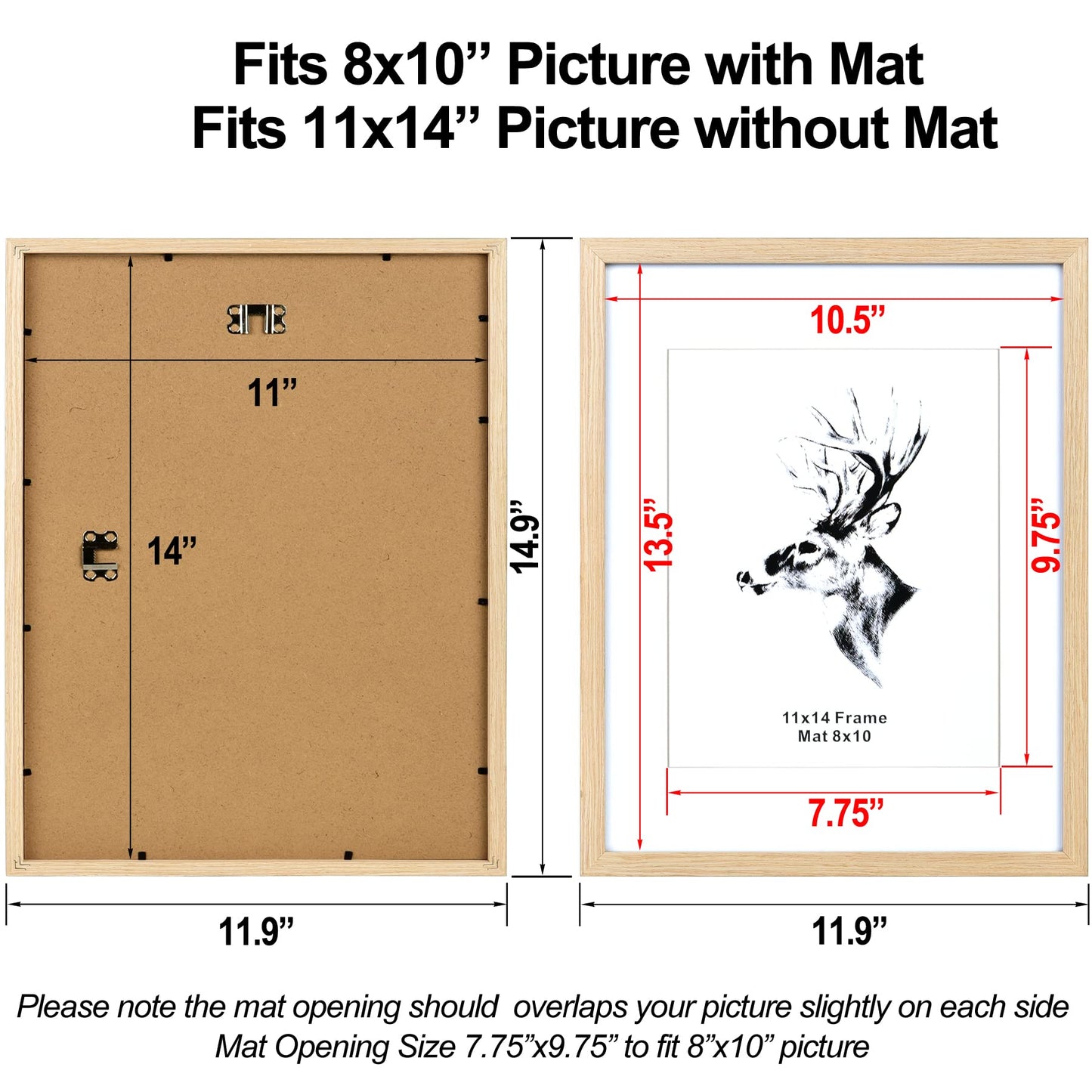 Yaetm 11x14 Picture Frame with Mat for 8x10 Set of 4, Solid Oak Wood Photo Frames with Tempered Glass, 11 x 14 Frames for Horizontal and Vertical - WoodArtSupply