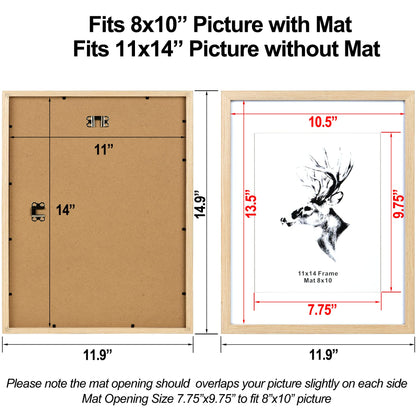 Yaetm 11x14 Picture Frame with Mat for 8x10 Set of 4, Solid Oak Wood Photo Frames with Tempered Glass, 11 x 14 Frames for Horizontal and Vertical