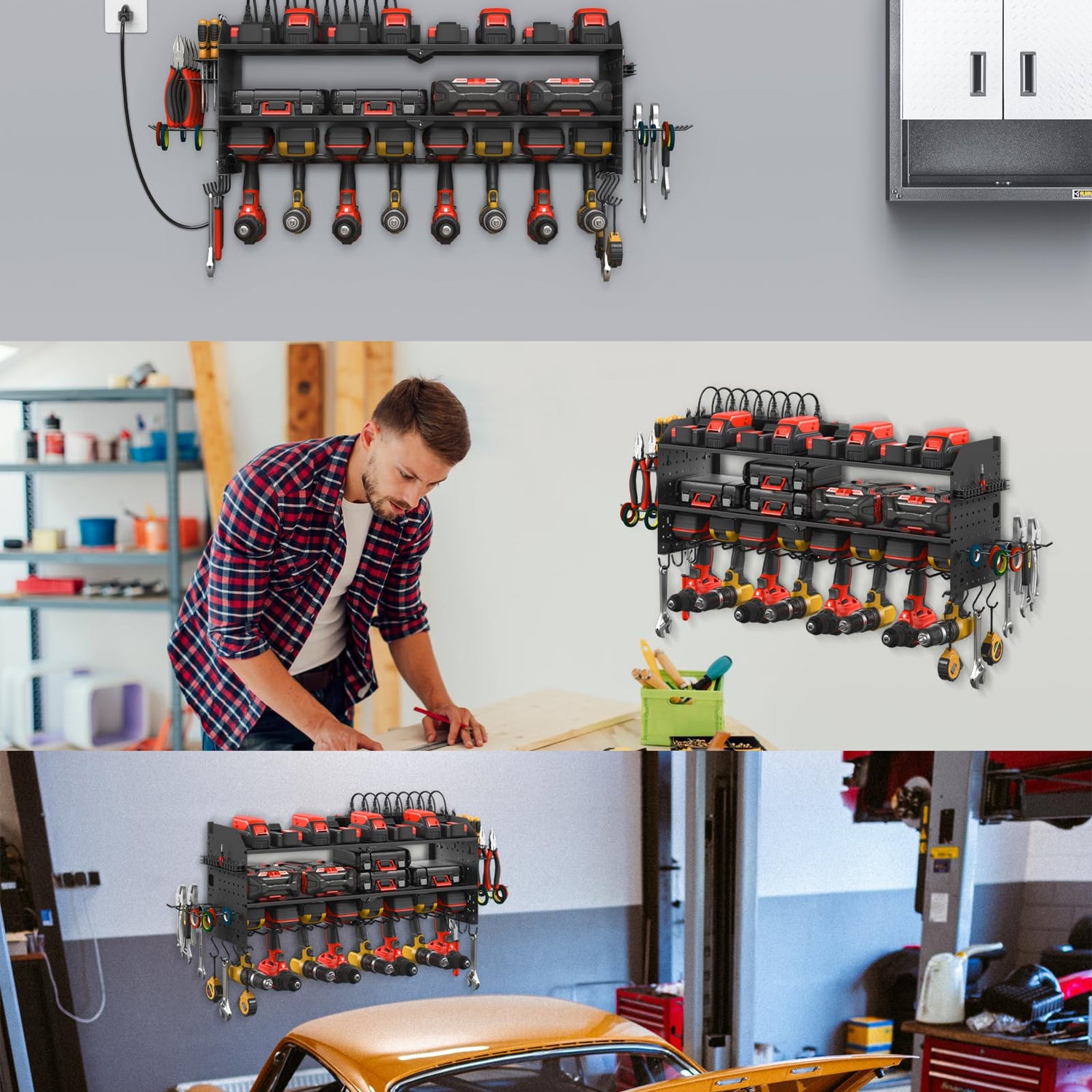 JUNNUJ Large Pegboard Power Tool Organizer with Charging Station, 8 Drills Driver and Tools Battery Holder Wall Mount with 8 Outlet Power Strip, JUNNUJ