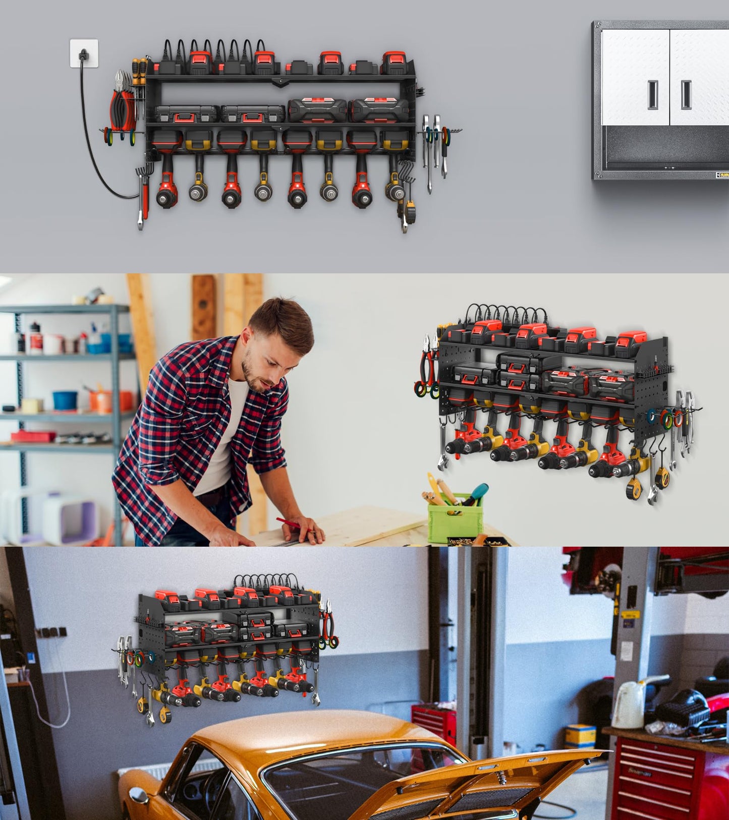 JUNNUJ Large Pegboard Power Tool Organizer with Charging Station, 8 Drills Driver and Tools Battery Holder Wall Mount with 8 Outlet Power Strip, - WoodArtSupply