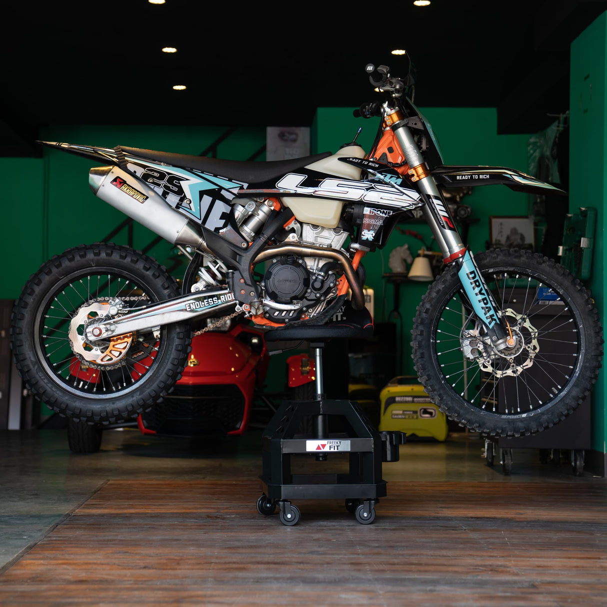 FreekyFit Rolling Shop Stool for Garage with Casters, DO02-Adjustable Height 360° Swivel Shop Seat with Tool Tray Storage, 330 LBS Capacity Padded FreekyFit