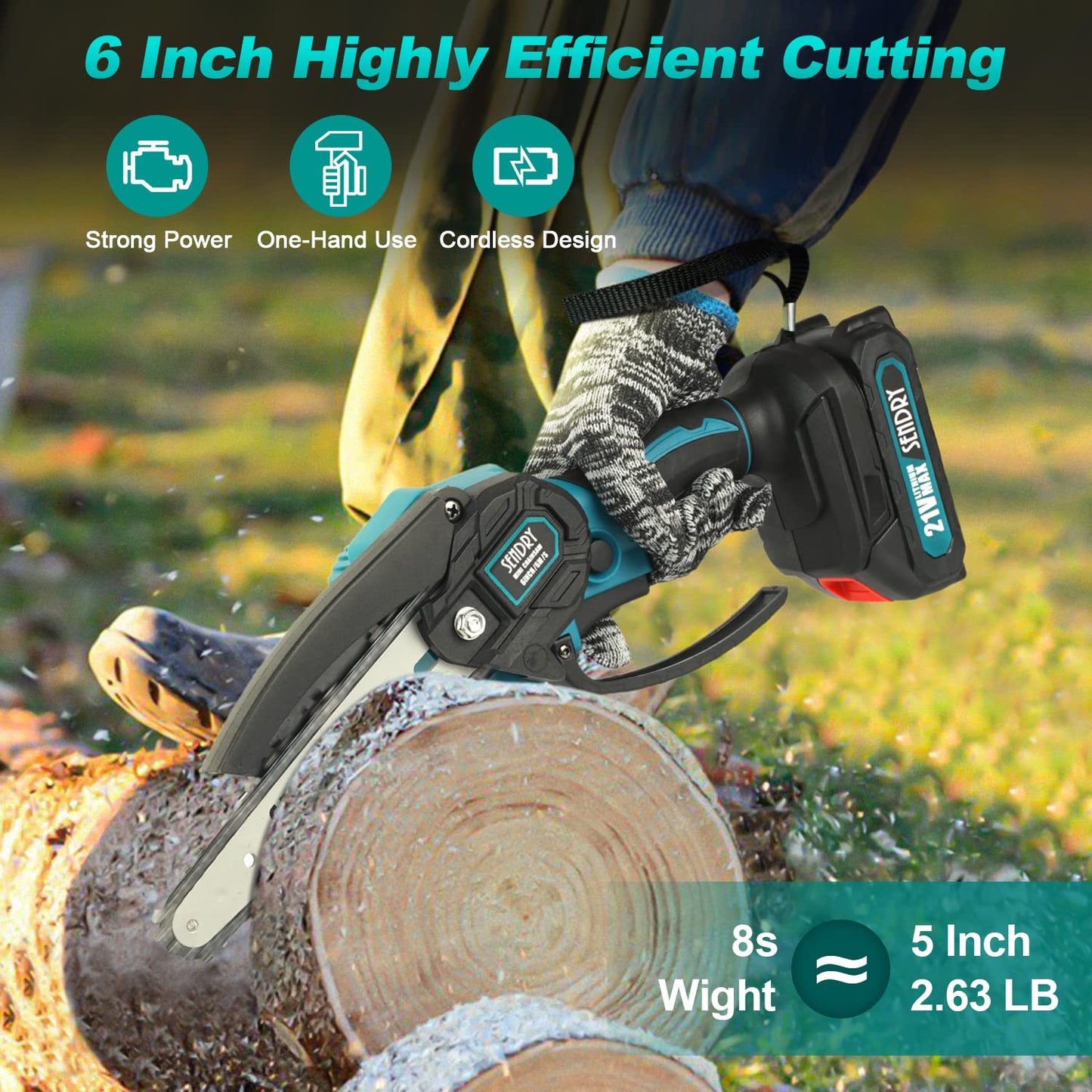 SENDRY Mini Chainsaw 6-Inch, Powerful Cordless Rechargeable Handheld Small Electric Saw Powered by 2Pcs 21V 7500mAh Batteries for Wood Cutting, Tree - WoodArtSupply