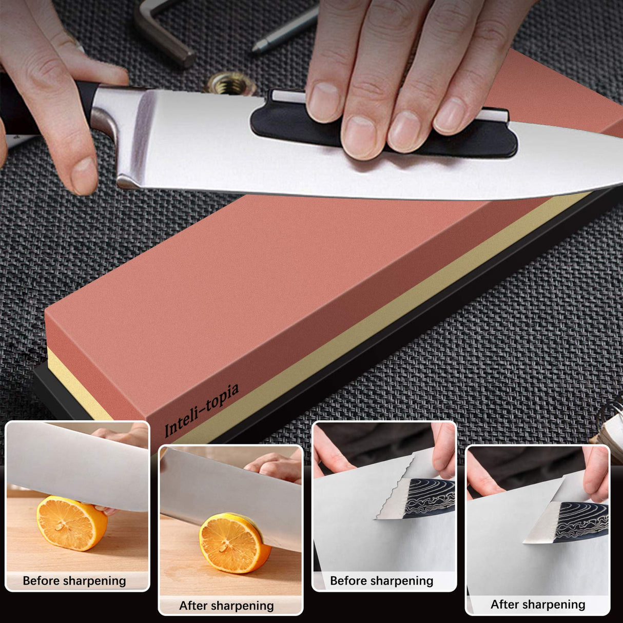 Intelitopia Complete Knife Sharpening Stone Set – Dual Grit Whetstone 400/1000 3000/8000 Knife Sharpener with Leather Strop, Flattening Stone, Bamboo Intelitopia