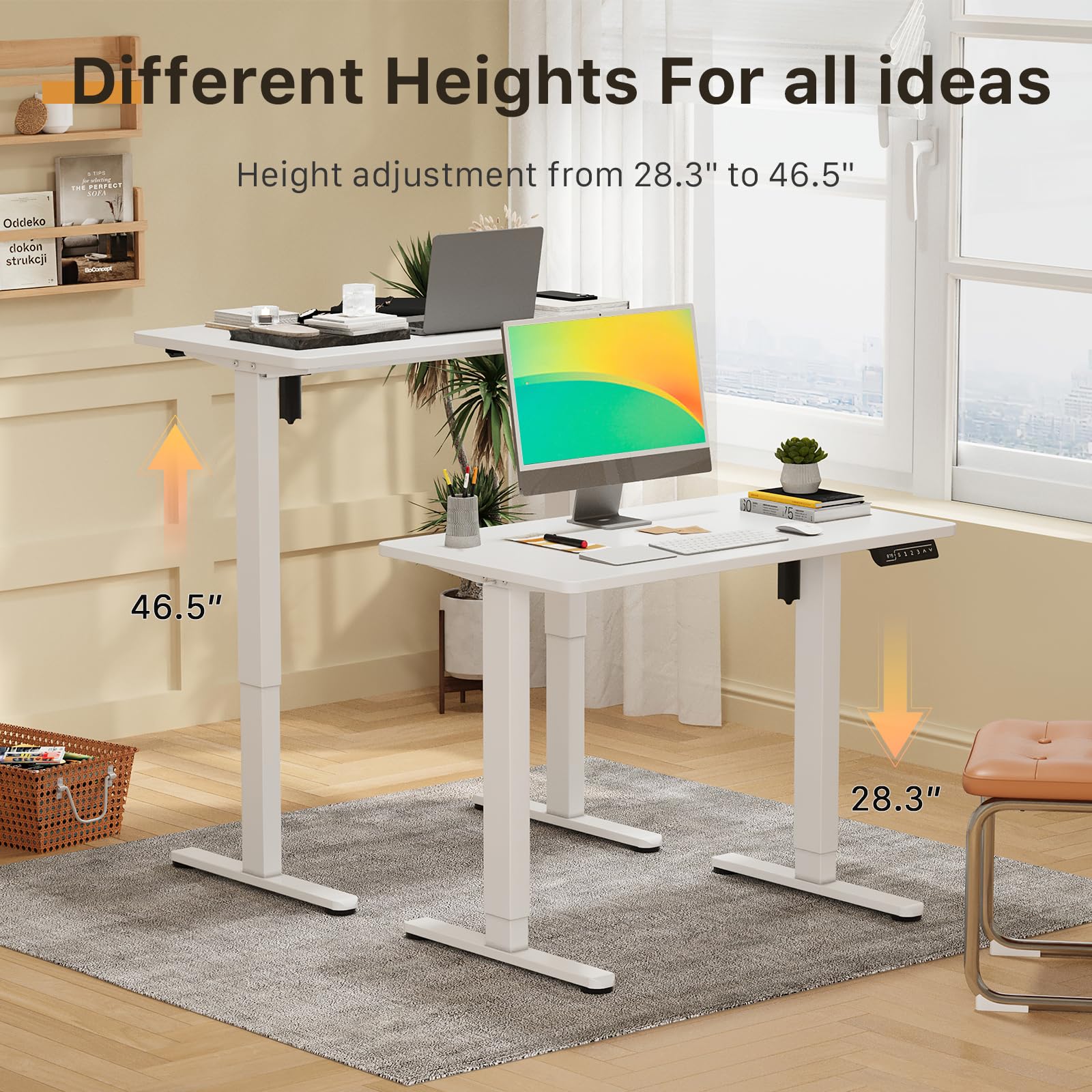 JOY worker Small Electric Standing Desk, 35" x 20" Whole Piece Height Adjustable Desk with Memory Controller, White Sit to Stand Desk Workstation for - WoodArtSupply