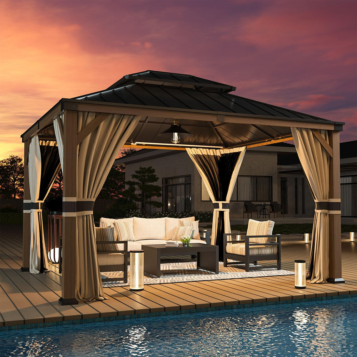 UDPATIO 10' x 12' Hardtop Gazebo, Wood Grain Finish Aluminum Frame Outdoor Gazebo with Galvanized Steel Double Roof, Metal Gazebo Canopy with Curtain UDPATIO