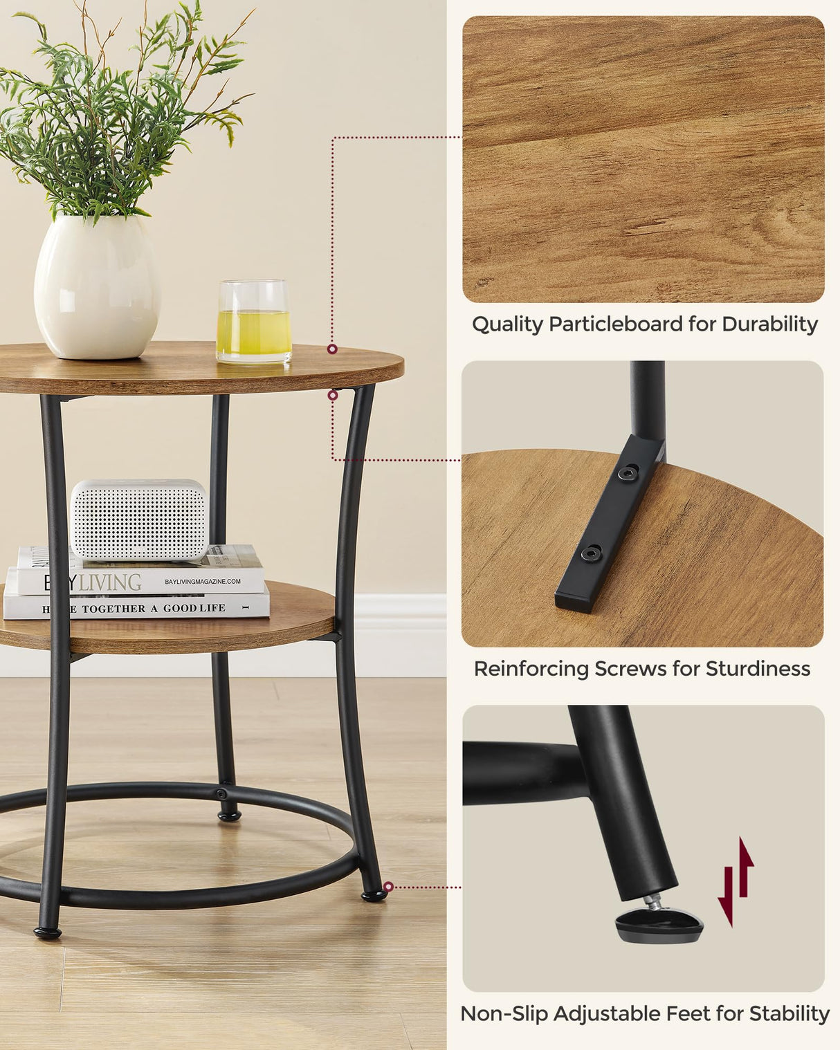 VASAGLE Side Table, Round End Table with 2 Shelves for Living Room, Bedroom, Nightstand with Steel Frame for Small Spaces, Outdoor Accent Coffee VASAGLE