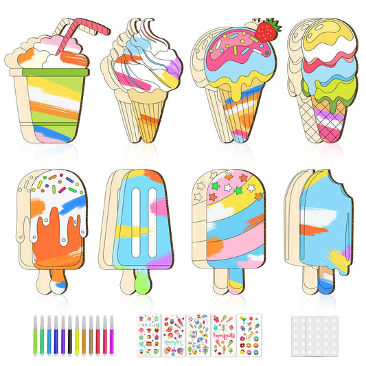 32Pcs Unfinished Ice Cream Wood Cutouts Summer DIY Wood Cutouts Wooden Arts and Crafts for Girls Boys DIY Coloring Ice Wood Cream Ornaments for Summer Art Activity Birthday Party Favors