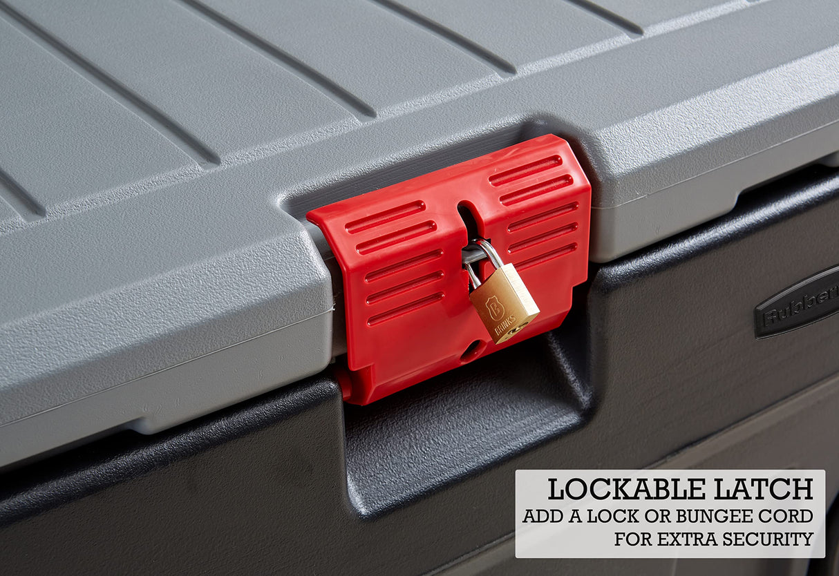 Rubbermaid ActionPacker 35 Gal Wheeled Lockable Storage Bin with Lid, Heavy-Duty Water Repellent Industrial Container with Built-In Durable Wheels, Rubbermaid