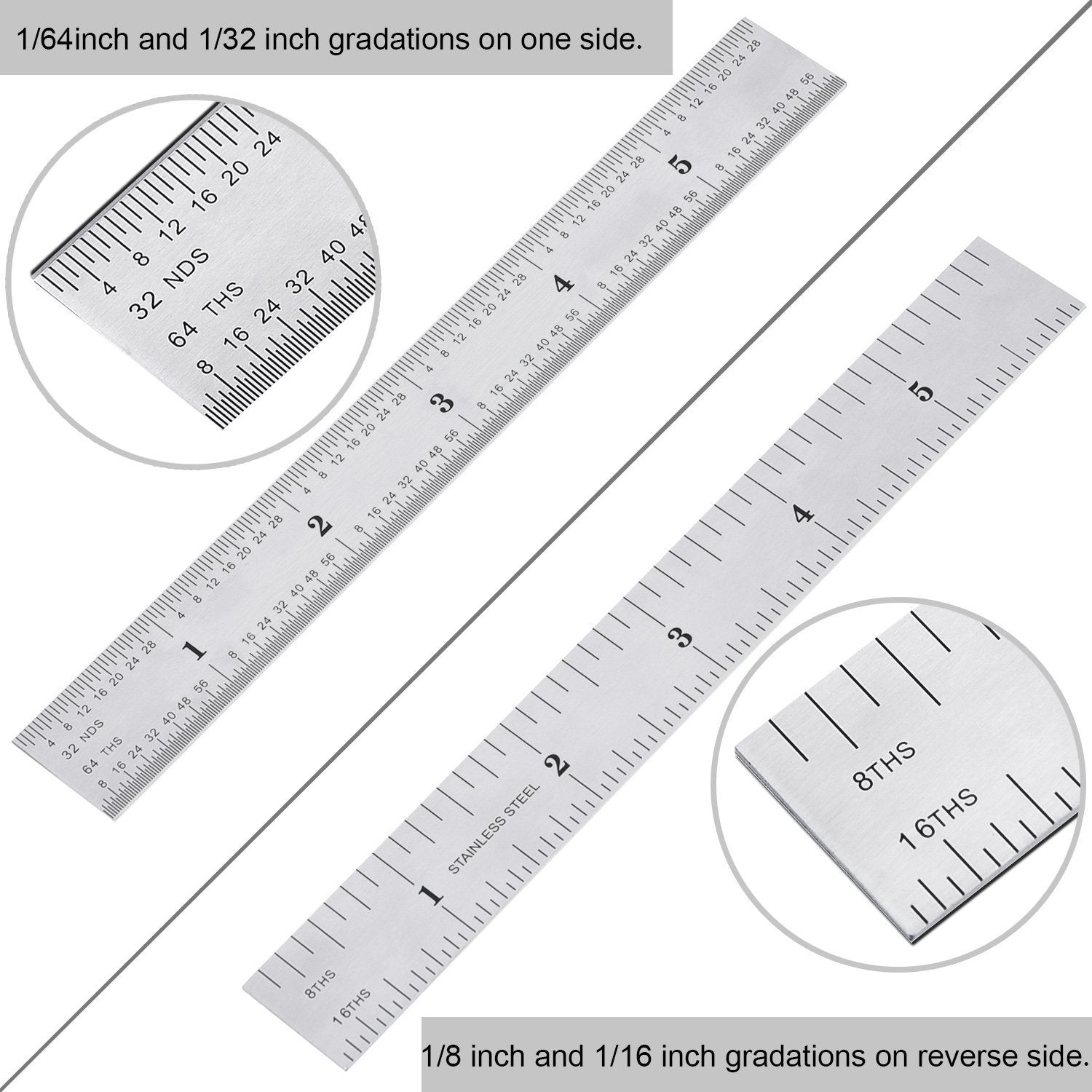 eBoot 2 Pack Stainless Steel Ruler Machinist Engineer Ruler, Rigid Metal Ruler with Inch Graduations 1/8, 1/16, 1/32, 1/64 Inch for Engineering, EBOOT
