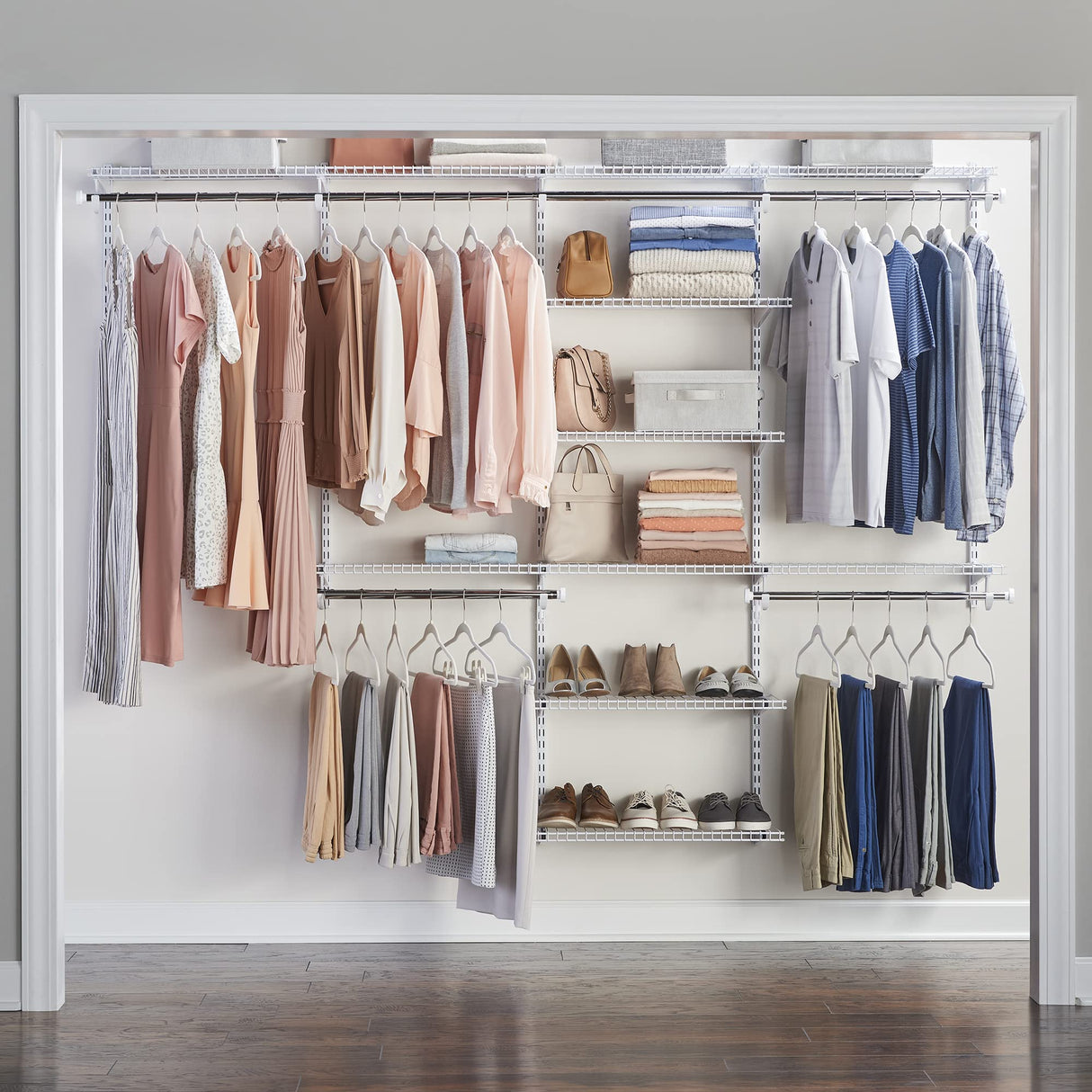 Rubbermaid Configurations Deluxe Closet Kit, White, 4-8 Ft., Wire Shelving Kit with Expandable Shelving and Telescoping Rods, Custom Closet Rubbermaid