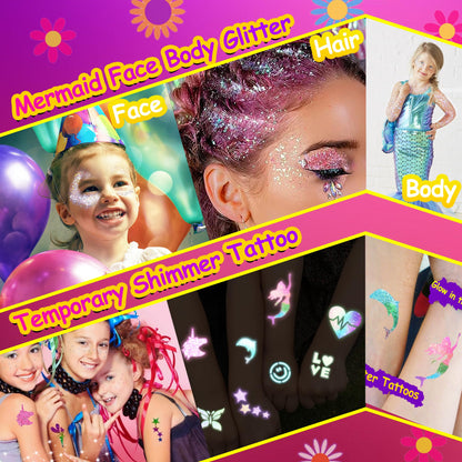 Temporary Shimmer Tattoo Kit for Kids - Glitter Tattoo & Mermaid Glitter Body Art for Girls - Glow in The Dark - Arts & Crafts Gifts for Kids Ages