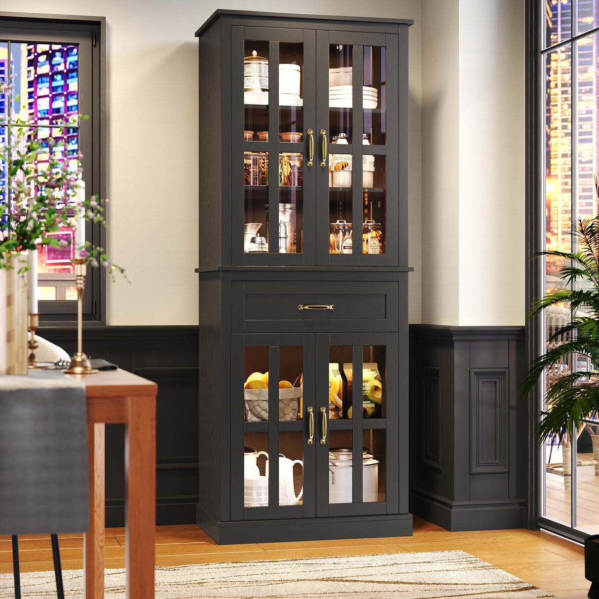 FOTOSOK 71'' Kitchen Pantry Cabinet, Tall Kitchen Cabinet Pantry Cabinet with Glass Doors and Drawer, Freestanding Food Pantry Kitchen Hunch with FOTOSOK