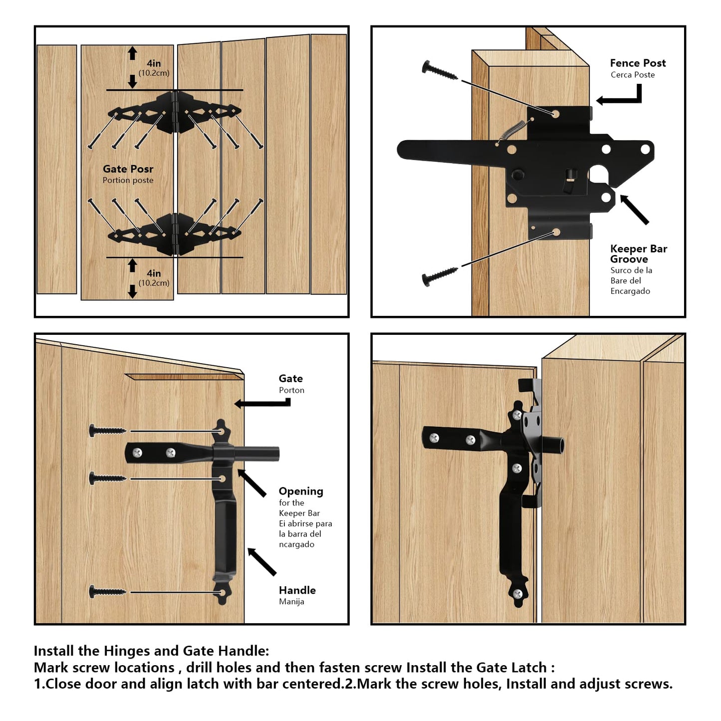 HOME MASTER HARDWARE Wood Gate Hardware Set - Heavy Duty 8" Decorative Strap Hinges and Spring Loaded Latch Gate Kit with Screws for Outdoor Fence - WoodArtSupply