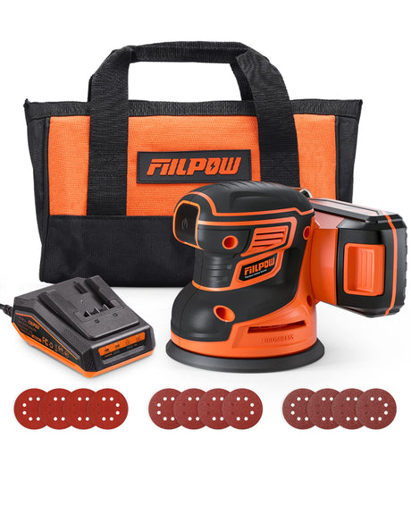 FIILPOW Cordless Random Orbital Sander, 20V Brushless Sander with 2.0Ah 20V Battery, Micro-filter Cyclonic Dust Box, 12 Sandpaper, Carrying Bag, FIILPOW