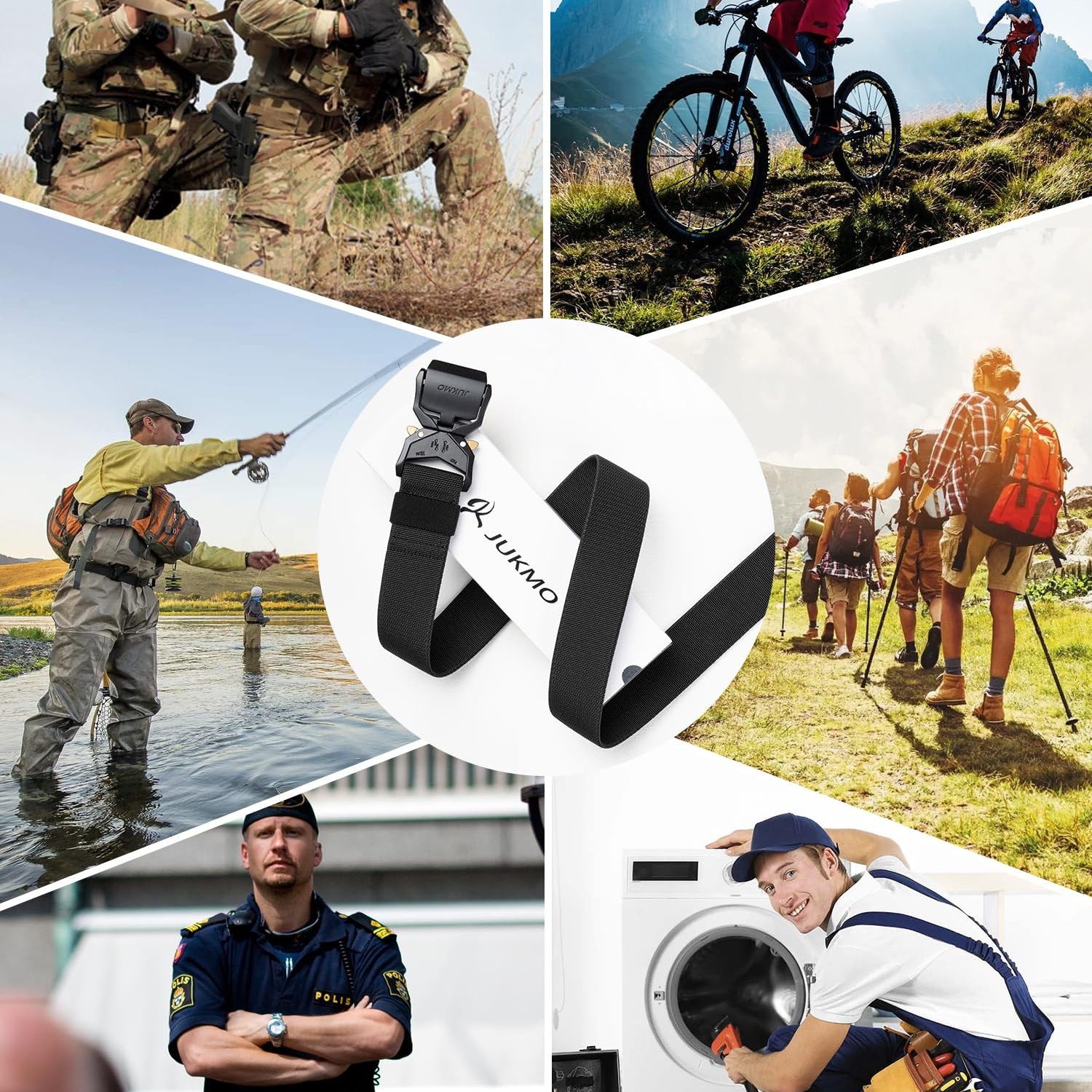 JUKMO Tactical Belt, Military Hiking Rigger 1.5" Nylon Web Work Belt with Heavy Duty Quick Release Buckle (Black, Medium) JUKMO