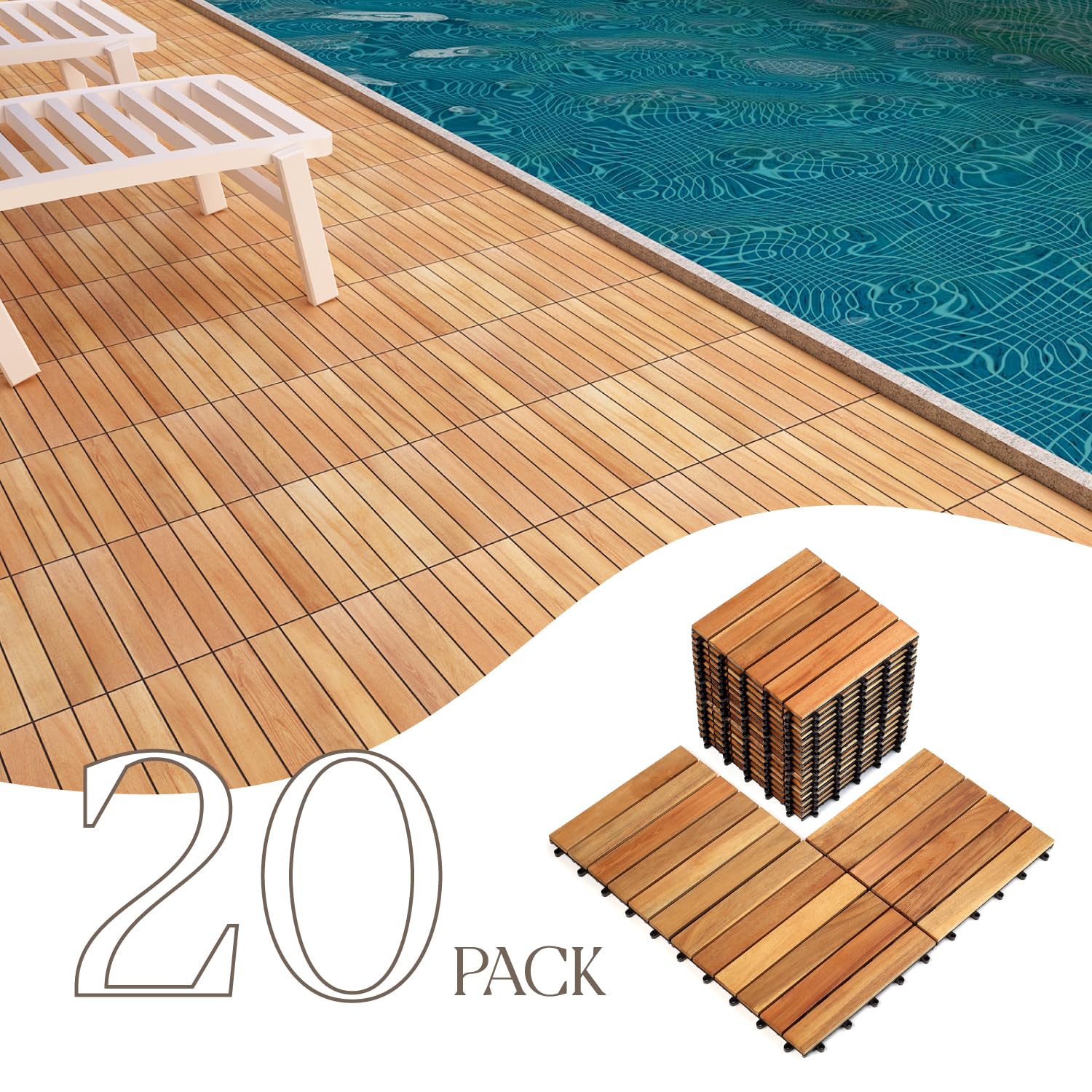 TimberWave Pack of 20 Deck Tiles, Solid Acacia Wood Floor Tiles, Patio Tiles Outdoor Interlocking Waterproof All Weather (12" x 12" - 6 Slat, Golden - WoodArtSupply