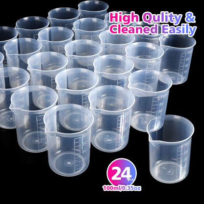 LEOBRO 24 PCS 100ml Resin Measuring Cups with 35PCS Mixing Sticks, Graduated Epoxy Resin Mixing Cups, Small Beaker, Plastic Measuring Cup for Epoxy - WoodArtSupply